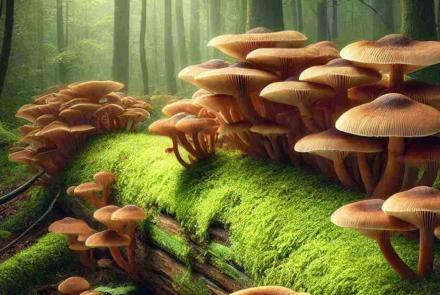 Mushrooms growing inside a hollowed tree, flourishing in the moist, protected environment.