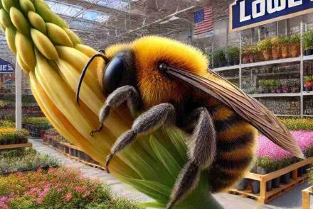 An upside-down bee spotted at Lowe's garden center, busy pollinating among the flowers.